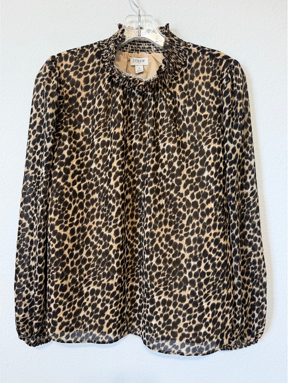 J. Crew Long Sleeve Smocked Neck Animal Print Chiffon Blouse Women's Size S